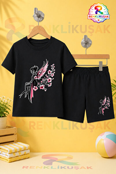 RENKLİKUŞAK Unisex Çocuk Çiçek Kız Kelebekli Baskılı Bisiklet Yaka Tişört - Ş...