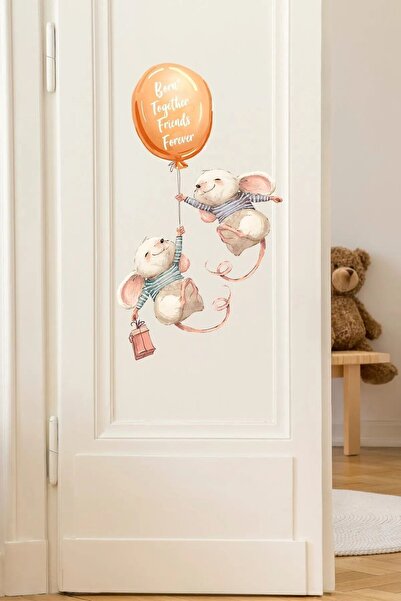 Sim Tasarım Sim20 - Twin Cute Mice Door Cabinet Wall Sticker Colorful