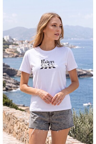 Kadın Beyaz %100 Pamuk Peanuts Baskılı T-Shirt