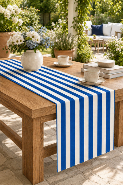 stellahomes Mavi Krem Çizgili Modern Dekoratif Masa Runnerı 40x140 cm
