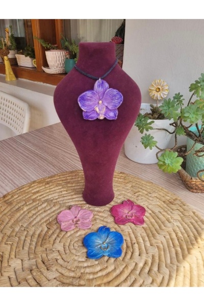Dekor köşesi Handmade Ceramic Necklace with Blue Orchid Design - Natural and ...