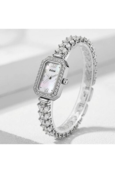 DOM Women's Rectangle Watch - Silver Zircon - Quartz