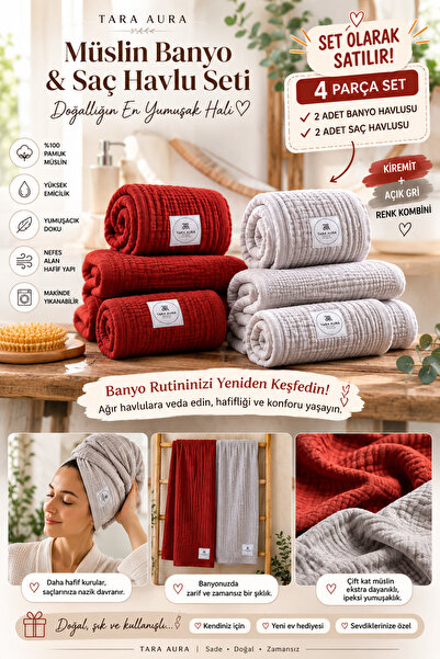TaraAura %100 Pamuk 4 Katlı Müslin Banyo Peştemal ve Saç Peşkiri Takımı - Yük...
