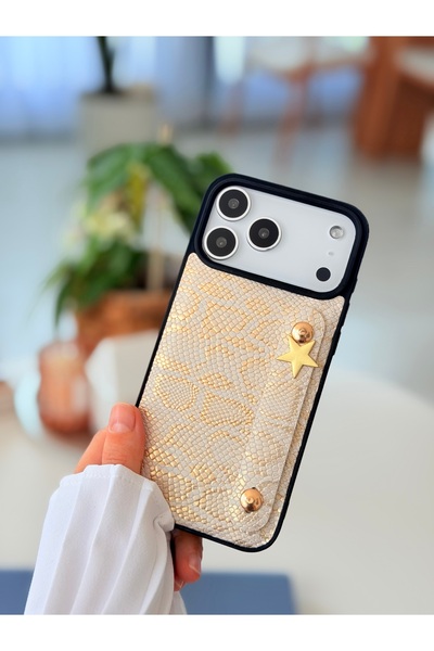 Go Aksesuar Iphone 17 PROMAX Uyumlu Tutacaklı Yıldız Tasarımlı Deri Görünümlü Esnek Silikon Kılıf