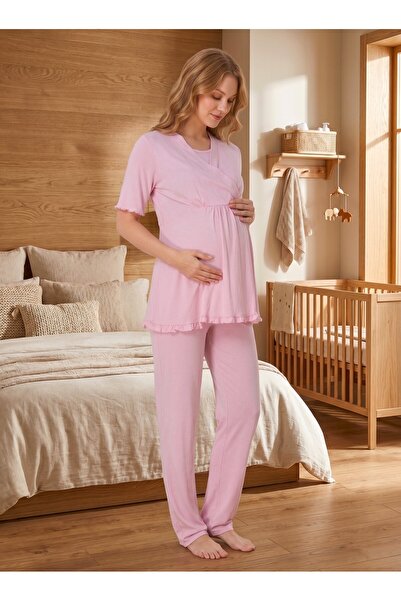 Lohusa Homewear طقم بيجامة للحوامل من القطن بنسبة 100% بأكمام قصيرة وياقة مزد...