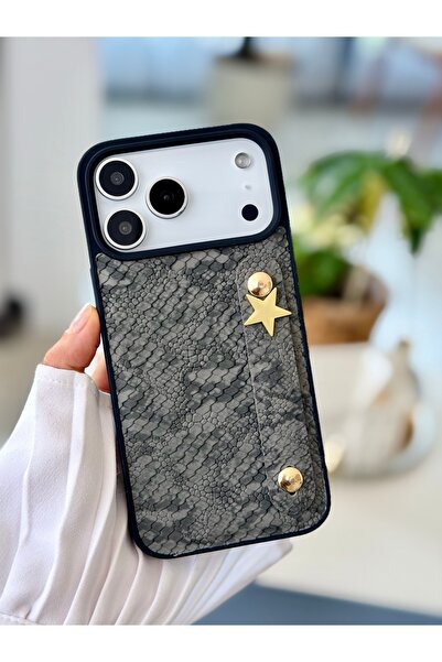 Go Aksesuar Iphone 17 PROMAX Uyumlu Tutacaklı Yıldız Tasarımlı Deri Görünümlü...