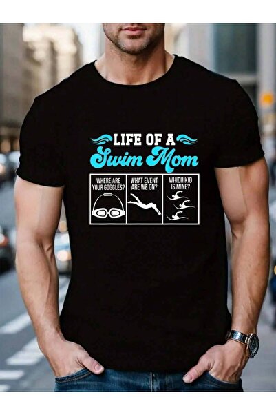 799 تي شيرت رجالي أسود للعطلات من القطن 100%، بتصميم "Life Swim Mom Of A Swim...