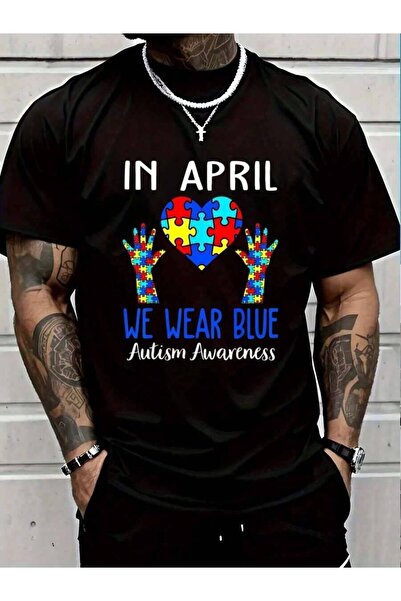 799 100% Cotton In April We Wear Blue Autism Awareness Month Men's Black Vaca...