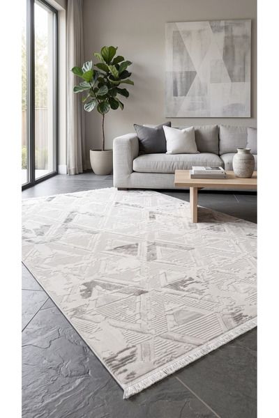 Pastel Modern Dokulu Geometrik Desenli Gri Halı Oturma Odası Salon Yatak Odas...