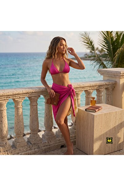 CIYA IC GIYIM Kadın Fuşya Pareolu Üçgen Bikini Takımı 3'lü İnce Bantlı Plaj Seti