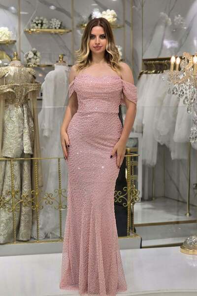 Yonca Moda Evi Pudra Pulpayet Kayık Yaka Abiye 7061