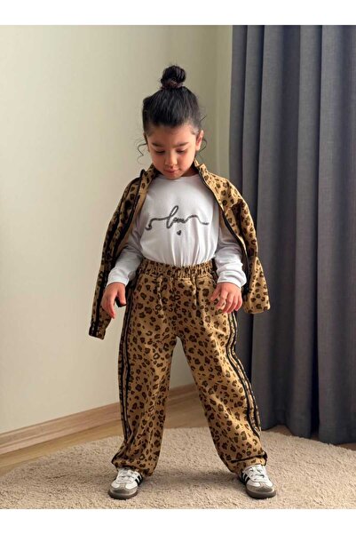 CHİCKİDSWEAR Girl's Leopard Patterned Zippered Jacket Tracksuit Set