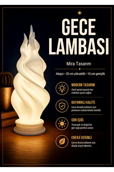 Mira Tasarım Modern Spiral Gece Lambası Abajur 20 cm, Sıcak Gün Işığı, Dekora...