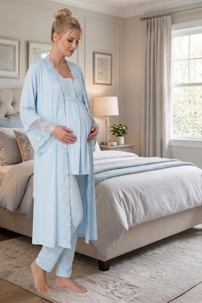Lohusa Dünyasi Women's Blue Lace New Season 3-Piece Maternity Pajama Set with Dressing Gown