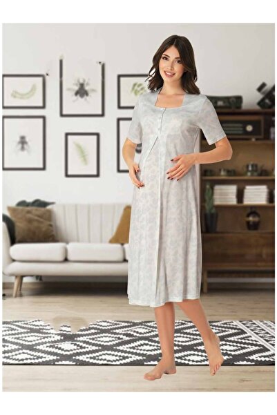 Effortt Dvina Maternity Patterned Short Sleeve Nightgown - Blue