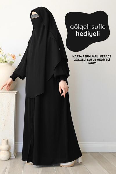 ASİLNUR طقم هافسا بسحاب وغطاء رأس وشال وسُفَلّة هدية باللون الأسود