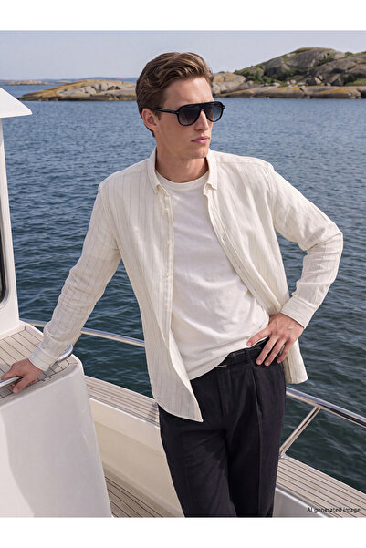 LC Waikiki Peak New Season Ecru Standard Fit Textured Men's Shirt