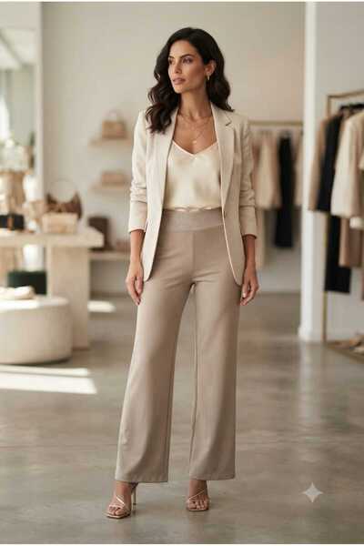 WOHOME Women's Stone Detailed High Waist Wide Leg Knitted Trousers