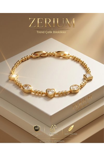 ZERİUM Women's Steel Baguette Bracelet with Heart and Geometric Zircon Stones