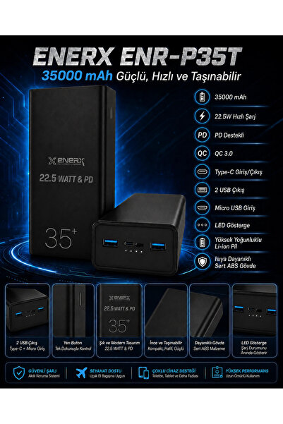 ENERX ENR-P35T 35.000 mAh 22.5Watt Hızlı Şarj Powerbank – Siyah