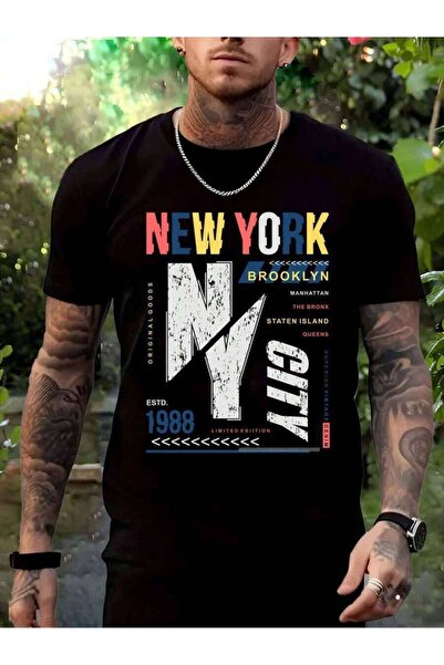 9JY تي شيرت رجالي من القطن الخالص باللون الأسود: تي شيرت Brooklyn Grunge Vibe
