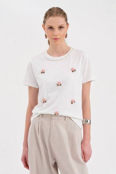 tw3 Tricou de damă cu mânecă scurtă, 100% bumbac, cu broșă florală în față