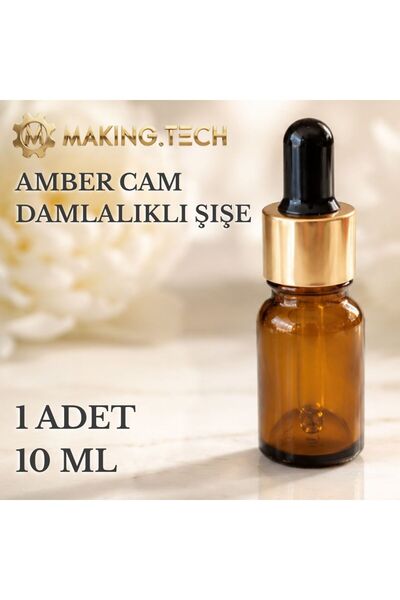 HORECA MARKET 10 ml Amber Cam Damlalıklı Şişe – Altın Kapaklı Boş Kozmetik Ya...