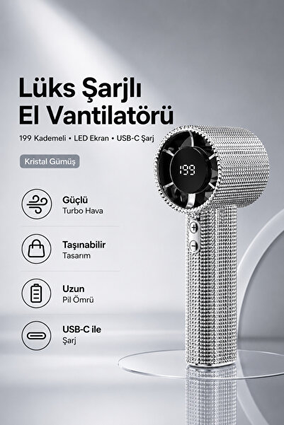 Tinytek Kristal Taşlı Şarjlı Mini El Vantilatörü - LED Ekranlı 199 Kademeli T...