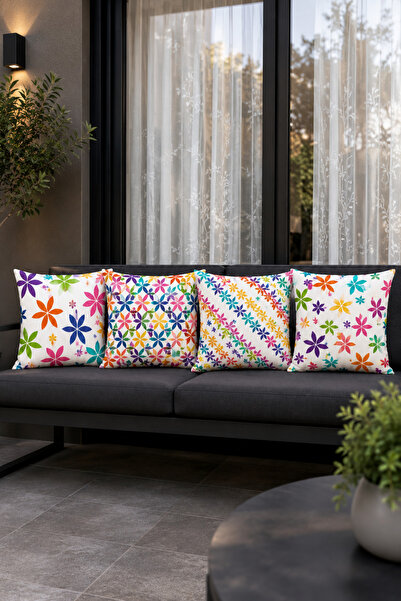 Bebişim Halı Colorful Floral Patterned Spring Themed Set of 4 Decorative Thro...