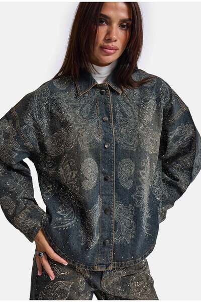 it's basic Women's Denim Color T-10W6-8 Oversize Shiny Stone and Pattern Spec...