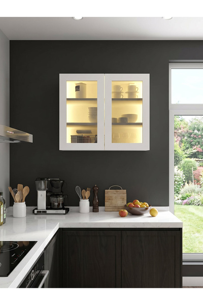 dorpek 2 Kapaklı Temperli Camlı Çok Amaçlı Dolap, Led Işıklı Dolap Üstü Ek Mo...