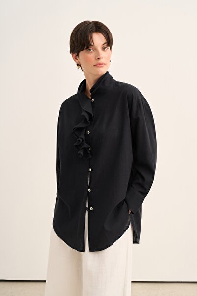 EBU Prive Women's Cotton Ruffle Shirt Black