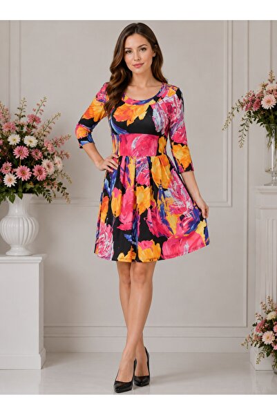 OEM Rochie trendy cu imprimeu floral roz-portocaliu pe fond negru