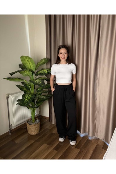 Arya Siyah Palazzo Tensel Dökümlü Pantolon