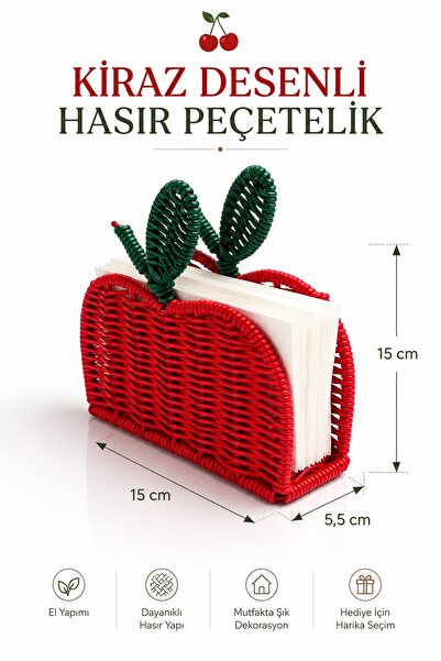Rosie Kiraz Şeklinde Hasır Detaylı Peçetelik 15.5x4 cm