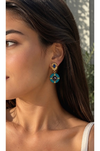 ANKA JEWELLRY Women's Steel Gold Color Turquoise and Navy Blue Stone Detail H...