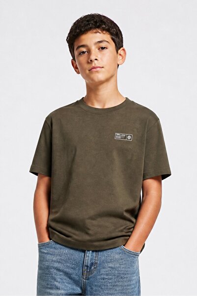 Onadime Kids Boy Crew Neck Short Sleeve Brand Logo T-Shirt, Dark Olive