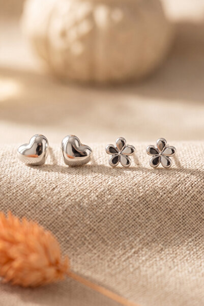 Elika Silver Heart and Flower Model Double Earring Set