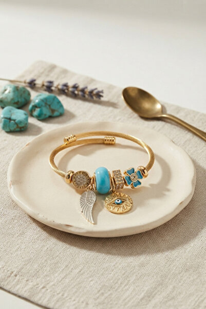 evimdeyokyok Blue Color Eye Model Gold Charm Bracelet Tj-Bb8678