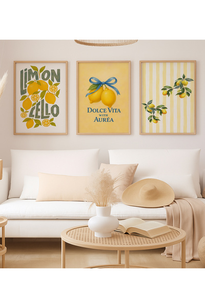 VOBA STORE 3 PARÇA ÇERÇEVE GÖRÜNÜMLÜ LİMON TEMALI DEKORATİF SOFT TABLO SETİ