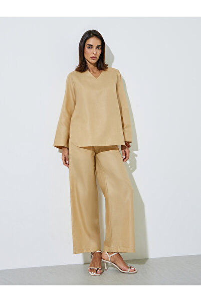 Amirah By Styli Beige Solid V-Neck Top and Wide Leg Pants Set