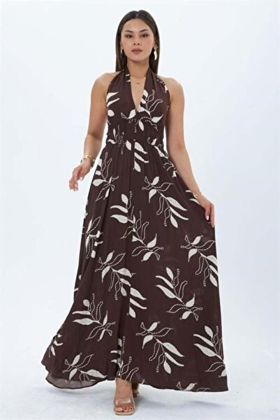 Dipmoda Women's Brown Halter Neck Backless Maxi Length Dress Dpmy4121