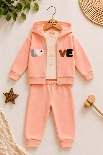 dinamik çocuk Baby Girl Love Embroidered Hooded Cardigan 3-Piece Top and Bott...