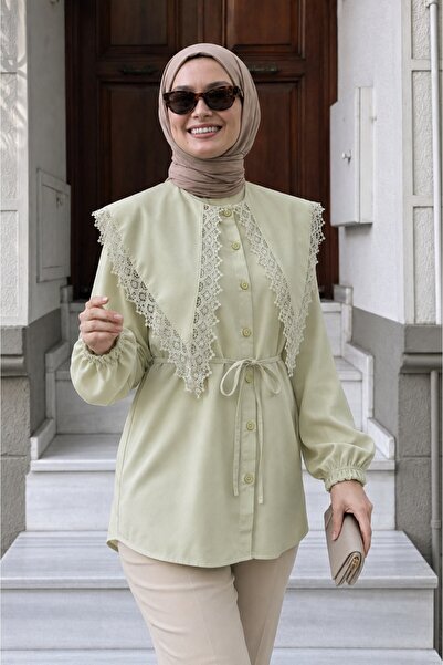Lunfia Dantelli Geniş Yakalı Poplin Gömlek - Su Yeşili