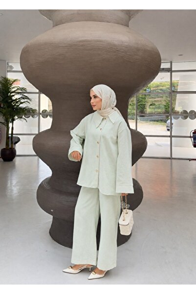 fera butik Women's Hijab Linen Set Casual Buttoned Tunic Shirt and Wide-Legge...