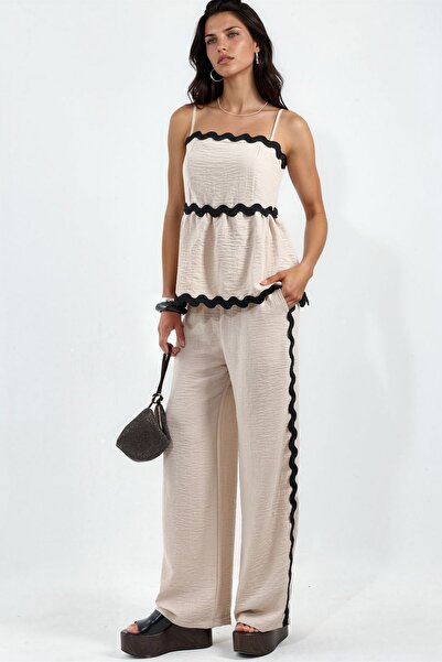 Hiccup Msn Strapless Linen Blouse and Wide-Leg Pants Set