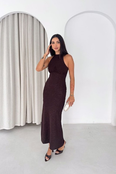 mielva Women's Brown Glittery Halter Neck Slit Maxi Dress