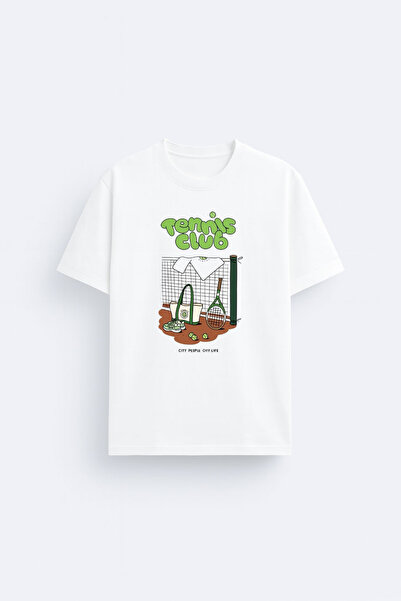 cesita Tennis Printed Cotton White T-Shirt