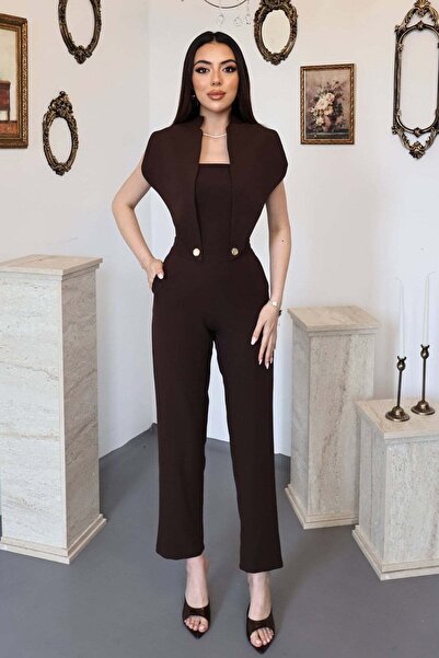 Moda Days Women's Brown Sleeveless High Neck Gold Button Detailed Wide Leg An...