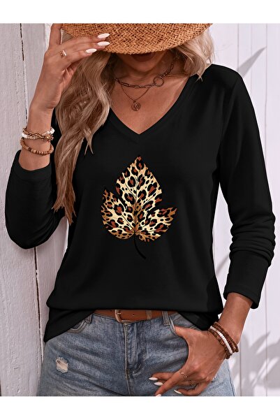 mercoledi Black Printed Cotton V-Neck Long Sleeve Blouse